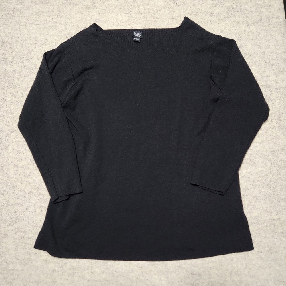 Eileen Fisher Womens Wool Boatneck 3/4 Sleeve Top Black Size L
